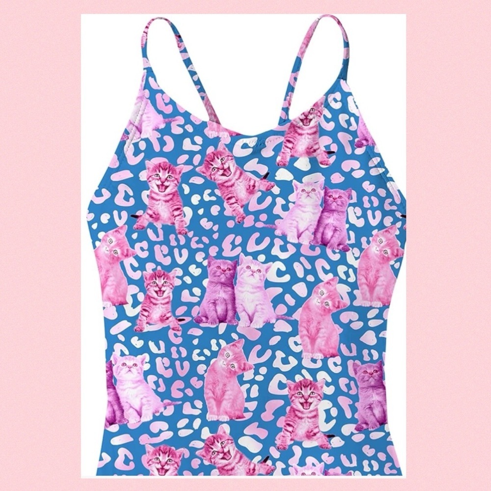 Little girl, blue and pink kitten, one piece swimsuit. 10